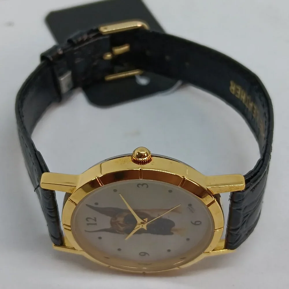 Great Dane 33mm Women's Gold Tone Black Leather Band Dog Watch